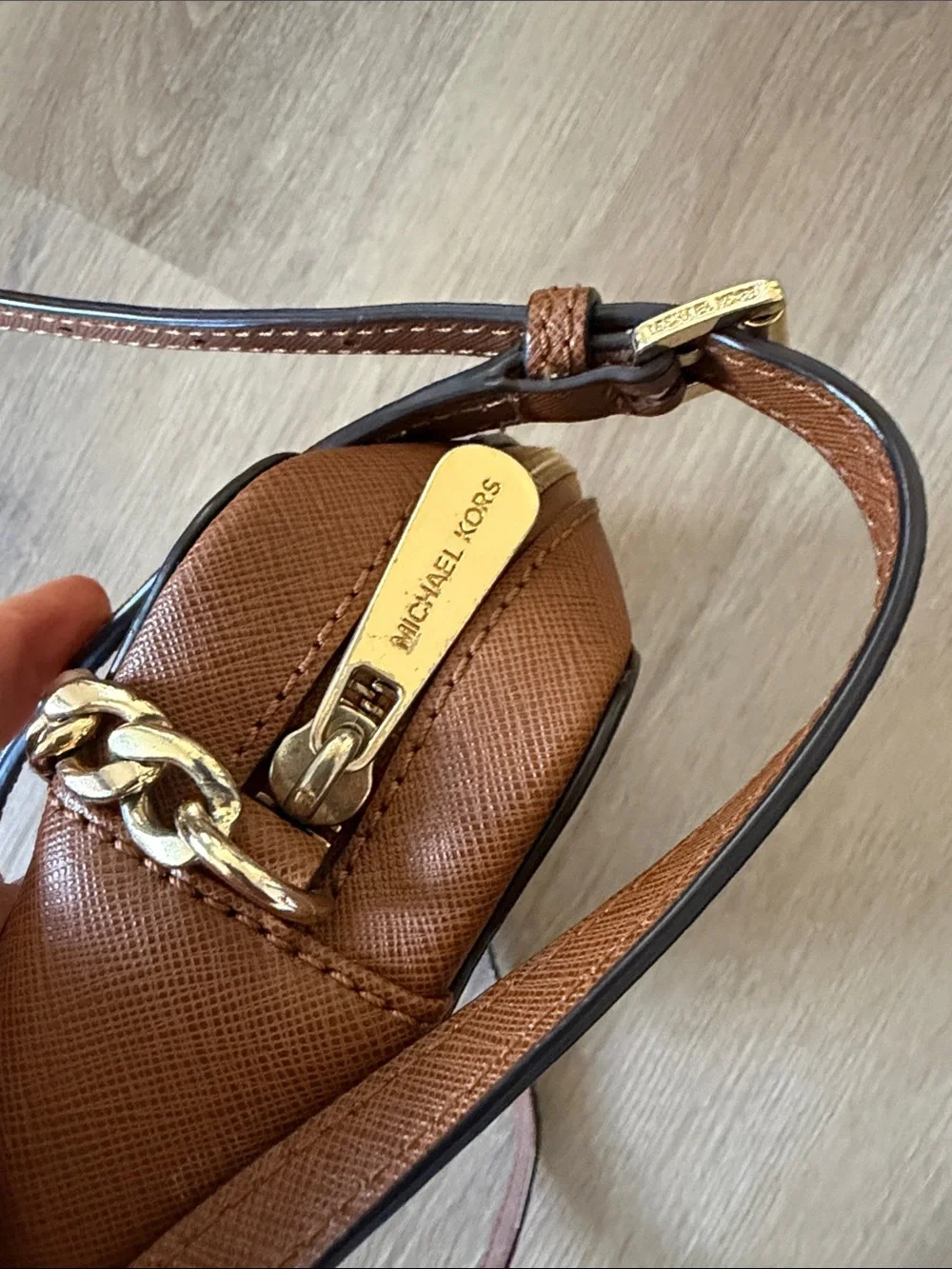 Michael Kors Brown Leather Jet Set Crossbody with Gold Chain Strap